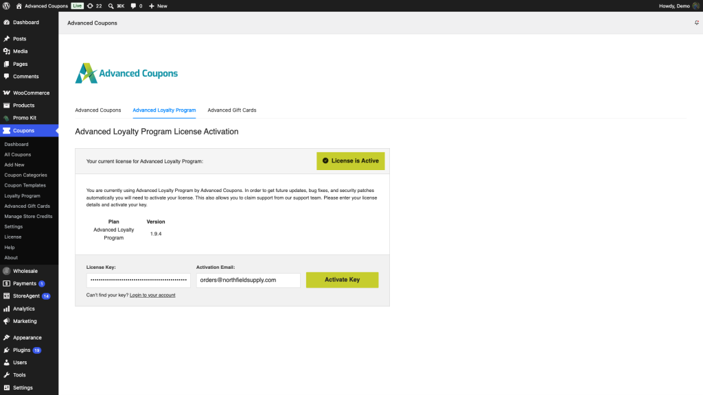 Coupons then License screen on a staging site, showing a licence in the Active state