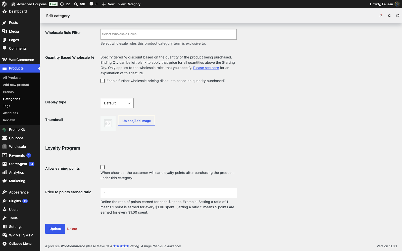 advanced-coupons-loyalty-product-category-allow-earning-points - Advanced Coupons Loyalty Program section on the edit product category screen with Allow earning points and Price to points earned ratio