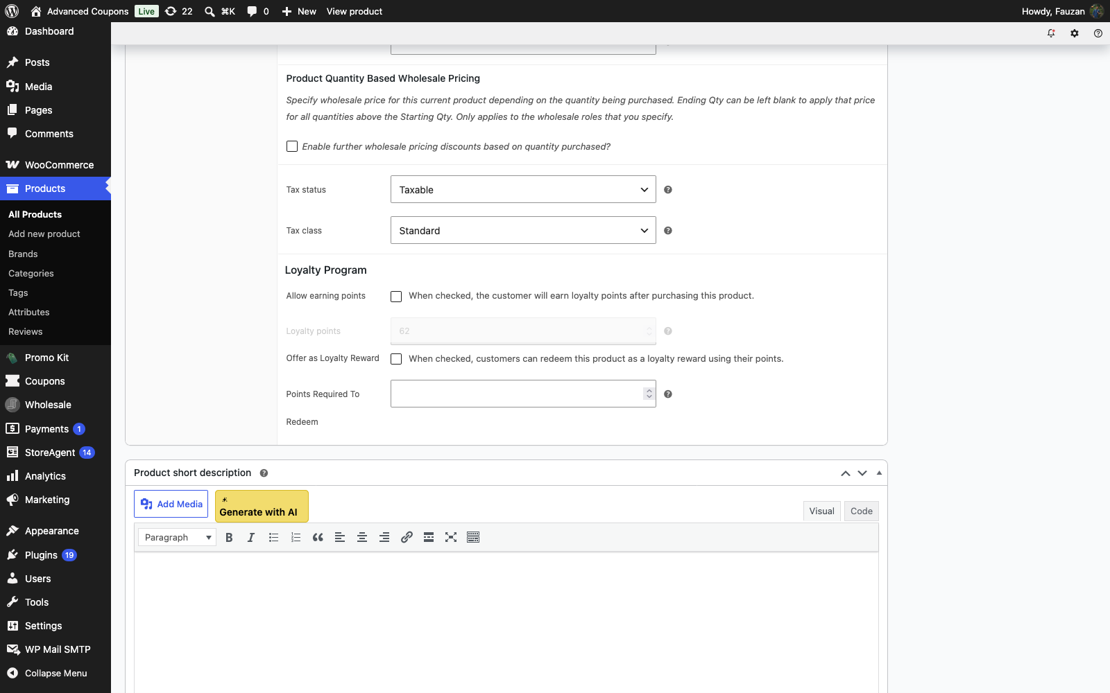 advanced-coupons-loyalty-product-general-tab-allow-earning-points - Advanced Coupons Loyalty Program section on the product General tab with Allow earning points unticked and the Loyalty points field greyed out