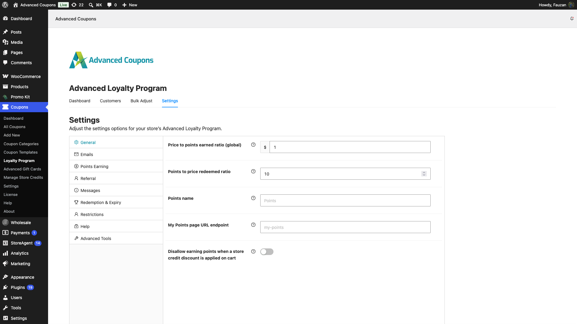advanced-coupons-loyalty-program-settings-general-tab - Advanced Coupons Advanced Loyalty Program Settings tab showing the General tab with Price to points earned ratio (global) and Points to price redeemed ratio