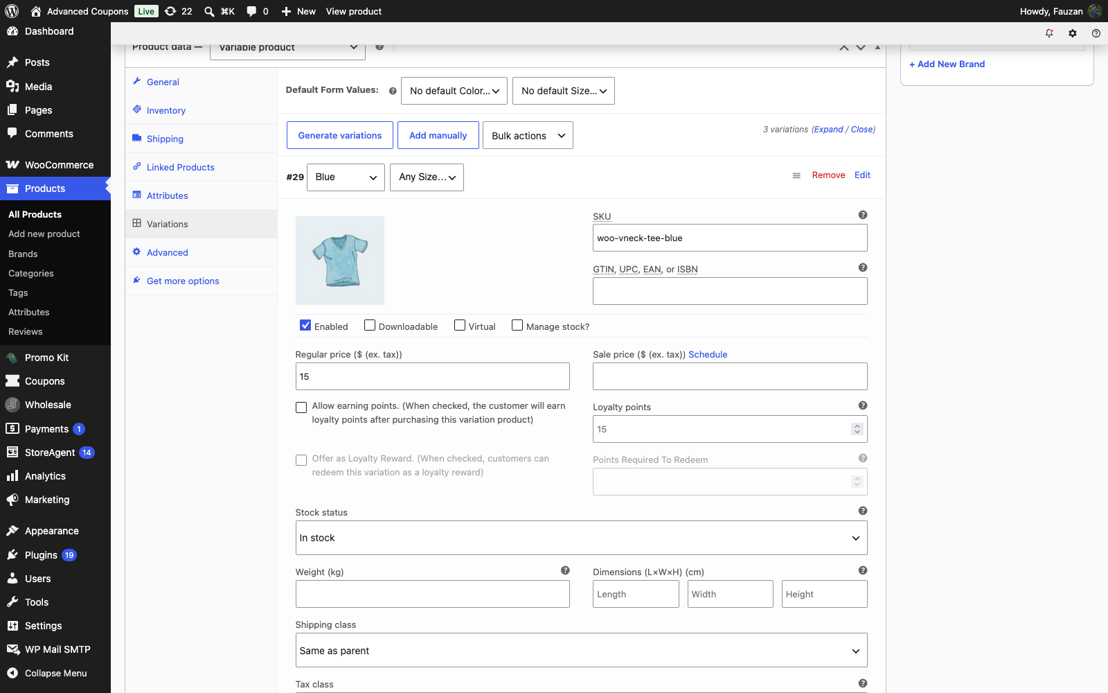advanced-coupons-loyalty-variation-allow-earning-points - Advanced Coupons Expanded V-Neck T-Shirt variation showing the Allow earning points checkbox unticked and the Loyalty points field