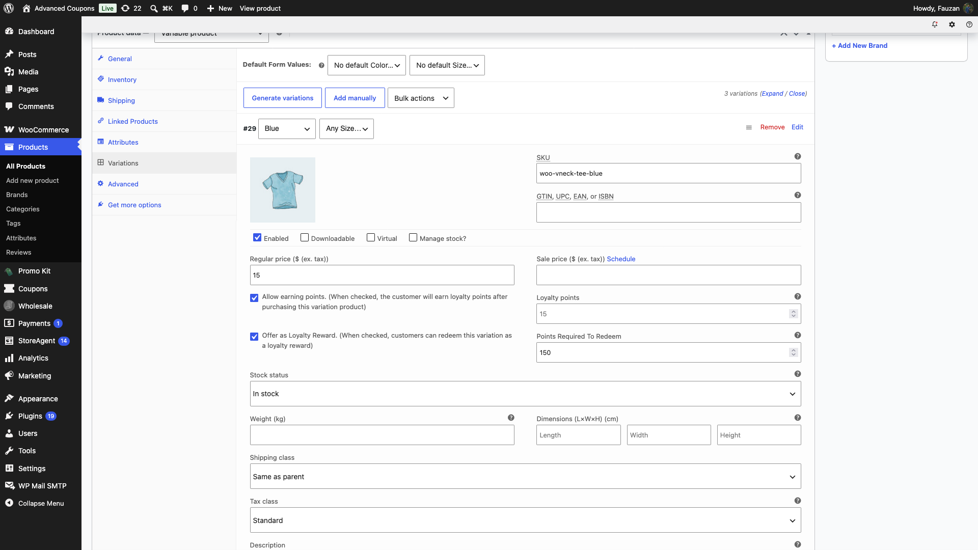 advanced-coupons-loyalty-variation-reward-fields - Advanced Coupons Variation of the V-Neck T-Shirt with Offer as Loyalty Reward checked and Points Required To Redeem set to 150