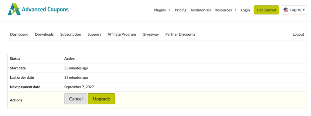 Subscription details page in My Account, showing the Cancel and Upgrade buttons