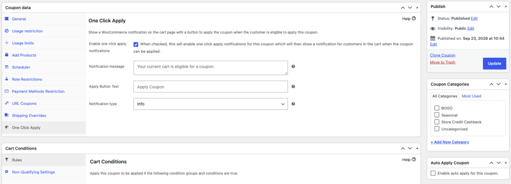 advanced-coupons-one-click-apply-panel-and-auto-apply-box - Advanced Coupons Coupon edit screen showing the One Click Apply panel with its notification settings and the Auto Apply Coupon box in the side column