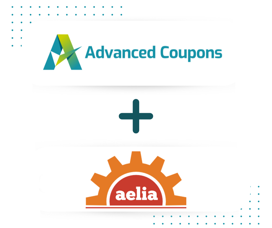Graphique de collaboration montrant les logos Advanced Coupons et Aelia avec un signe plus entre eux