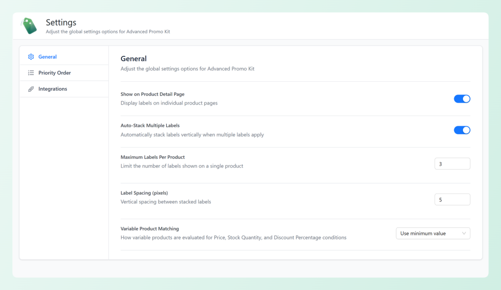 Advanced Promo Kit General settings with Variable Product Matching