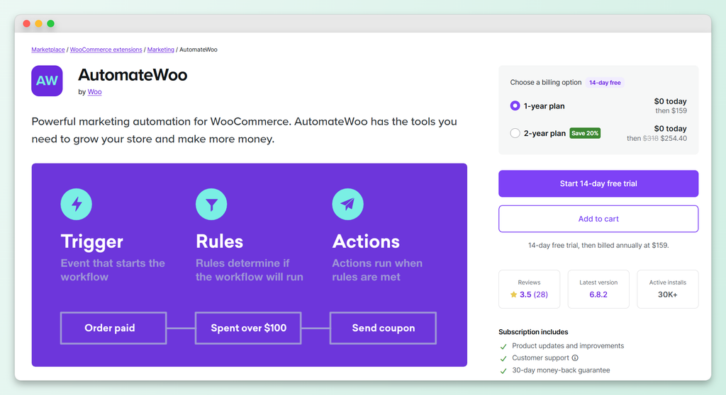 AutomateWoo product page showing workflow structure and pricing