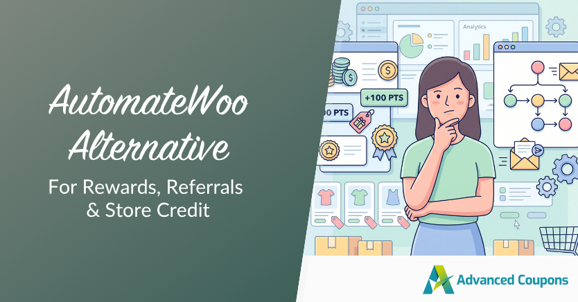 Banner: AutomateWoo Alternative for rewards, referrals, and store credit; illustrated woman with charts and gear icons, Advanced Coupons logo