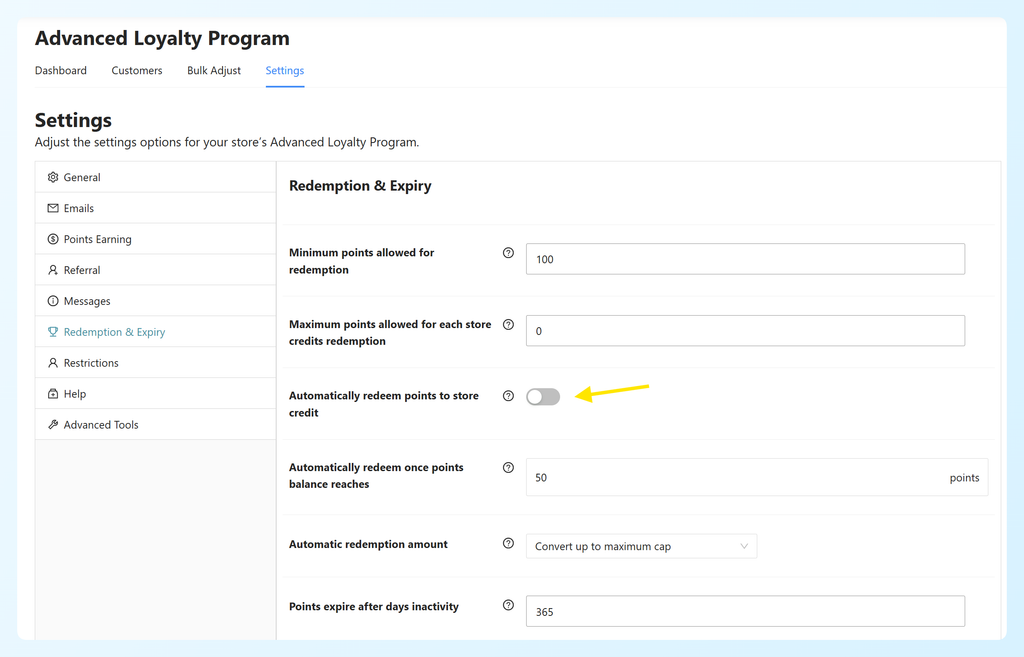 Advanced Loyalty Program Redemption and Expiry settings with automatic store credit redemption turned off