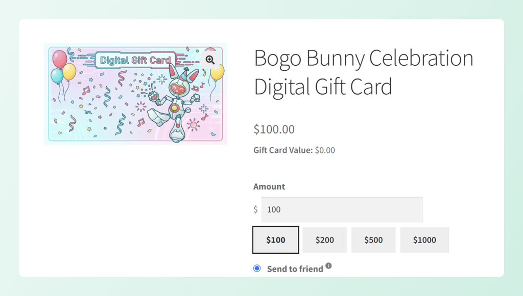 Digital gift card product with custom and preset gift card amounts