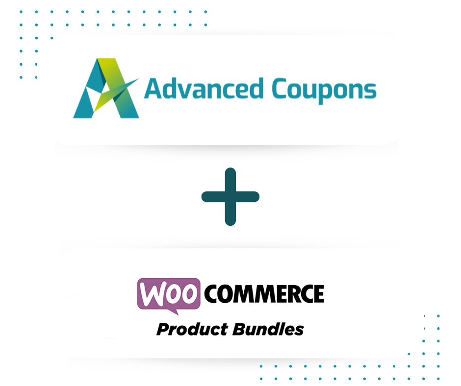 Loghi di Advanced Coupons e WooCommerce Product Bundles con un segno più, che indica l'integrazione tra i due strumenti.
