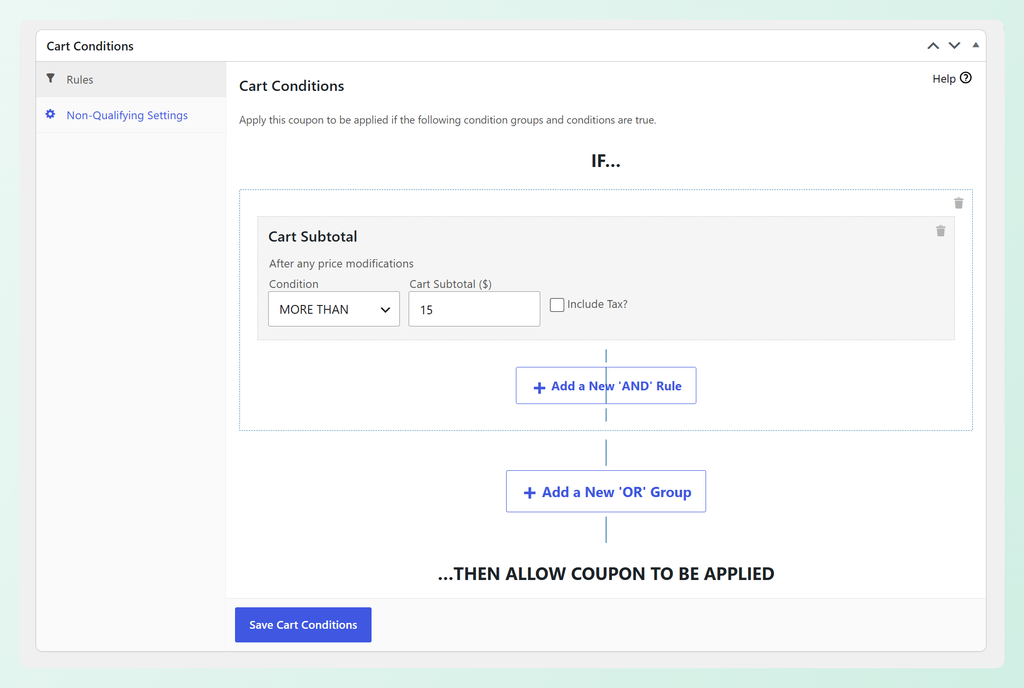 cart-subtotal-cart-conditions - Advanced Coupons Warenkorb-Gesamtsummenbedingung gesetzt auf mehr als