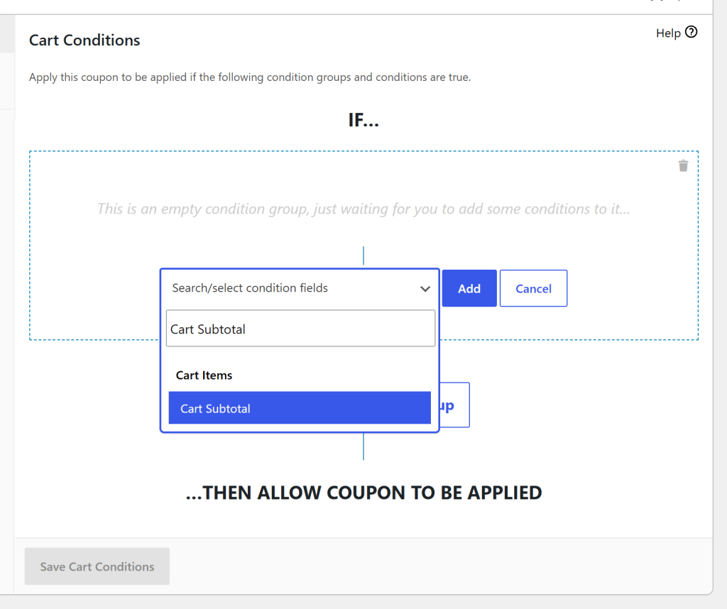 Cart Conditions picker filtered to show the Cart Subtotal condition