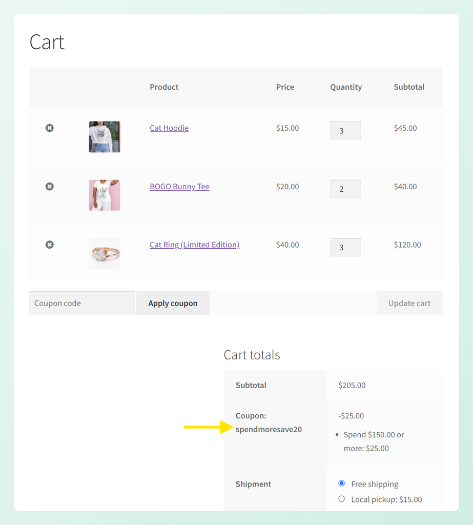 Cart totals showing a  tiered discount on a 5 subtotal