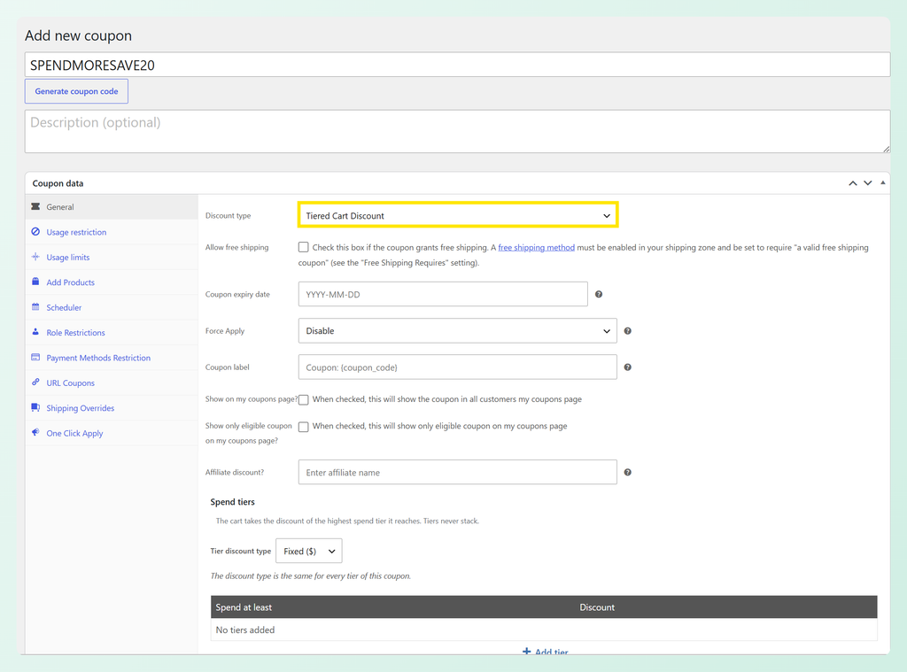 Tiered Cart Discount selected in the coupon Discount type dropdown