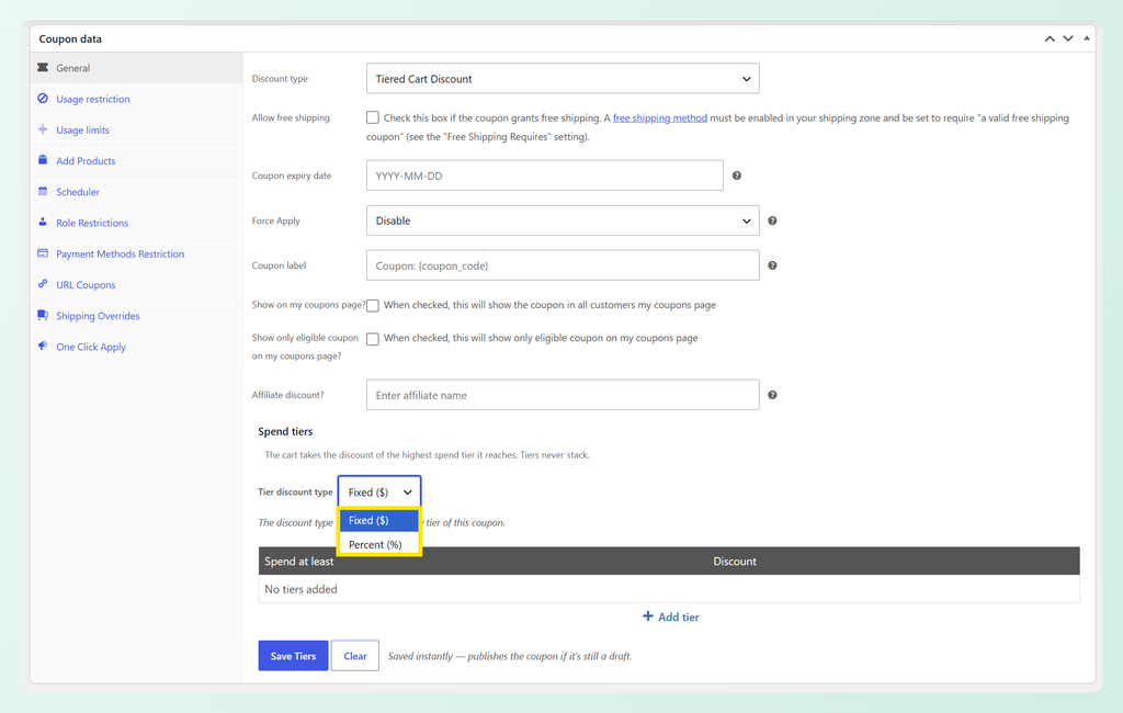 Spend tiers panel with Fixed and Percent tier discount type options