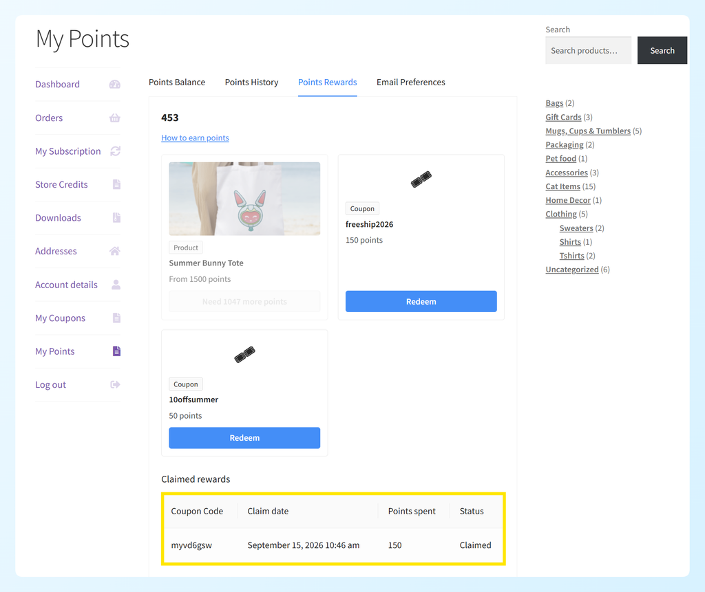 Claimed rewards table showing coupon code, claim date, points spent, and claimed status