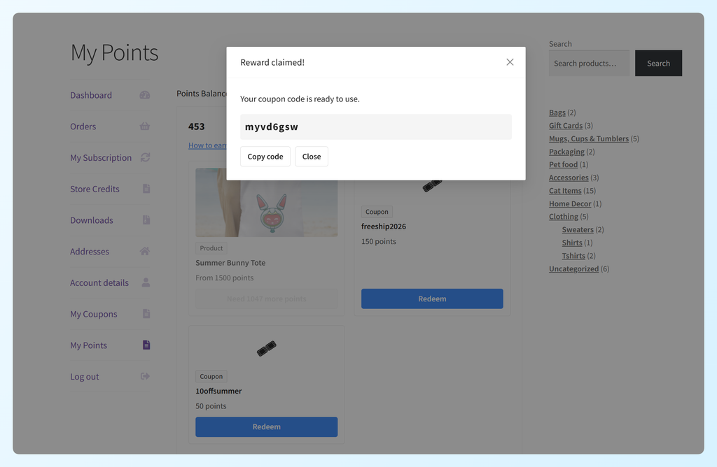 Reward claimed dialog showing the generated coupon code with a Copy code button