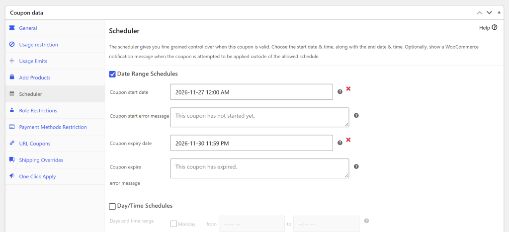 Advanced Coupons Scheduler tab with Date Range Schedules enabled, coupon start date 2026-11-27 12:00 AM and coupon expiry date 2026-11-30 11:59 PM