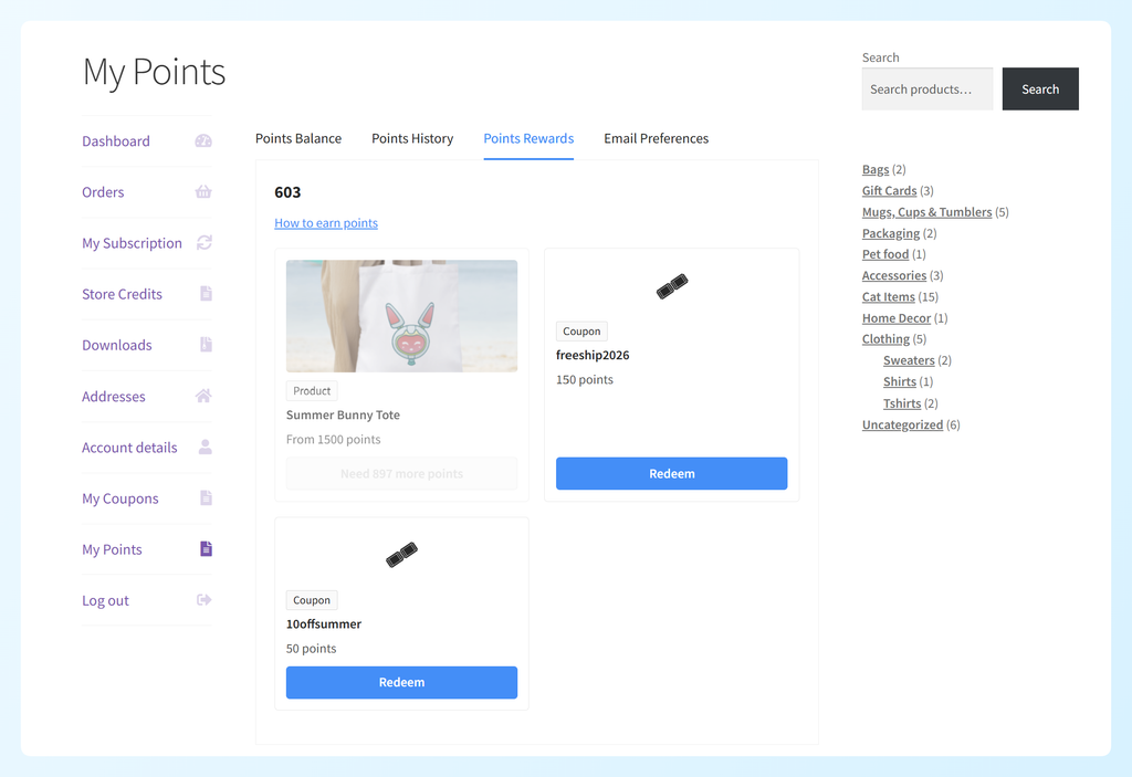 Points Rewards tab showing a 603-point balance with product and coupon reward cards