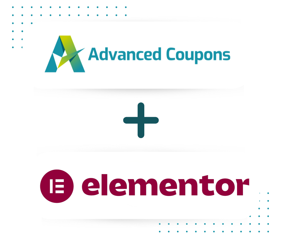 Bannière collage montrant les logos d’Advanced Coupons et d’Elementor avec un signe plus, indiquant une intégration ou un partenariat entre les deux outils.