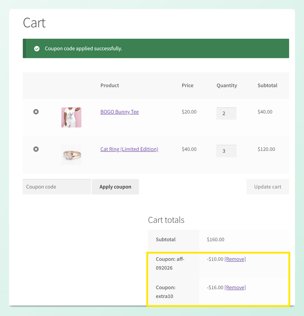 WooCommerce cart totals showing the aff-092026 affiliate coupon and EXTRA10 applied together