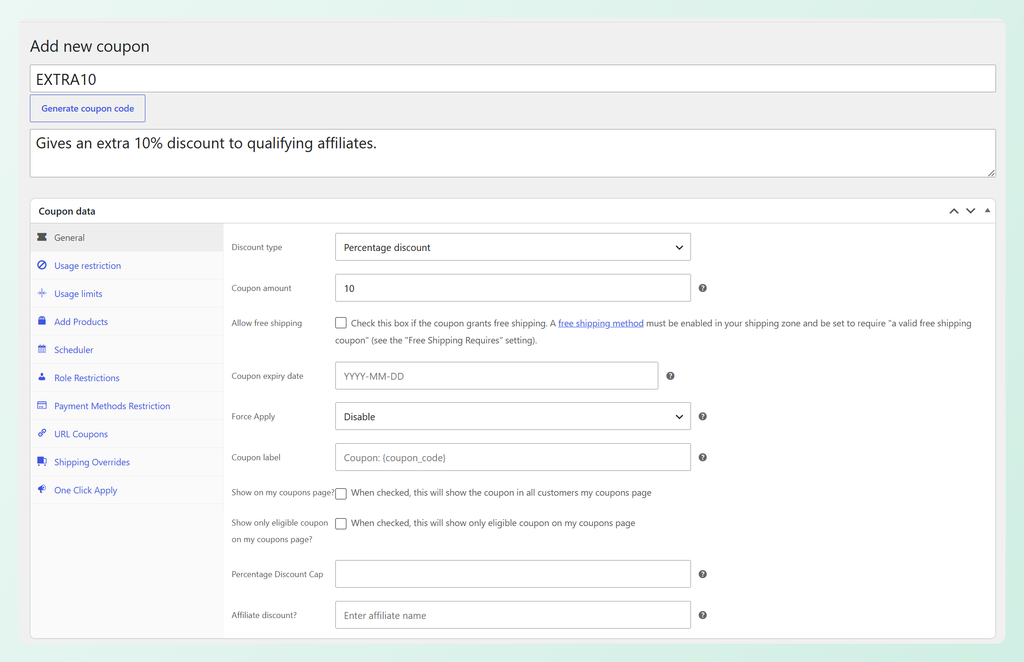 EXTRA10 WooCommerce coupon set to a 10% discount in the Coupon data General tab