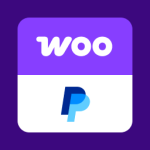 Badge carré violet avec le logo Woo en haut et le logo PayPal en dessous sur une carte blanche arrondie, sur un fond violet foncé.