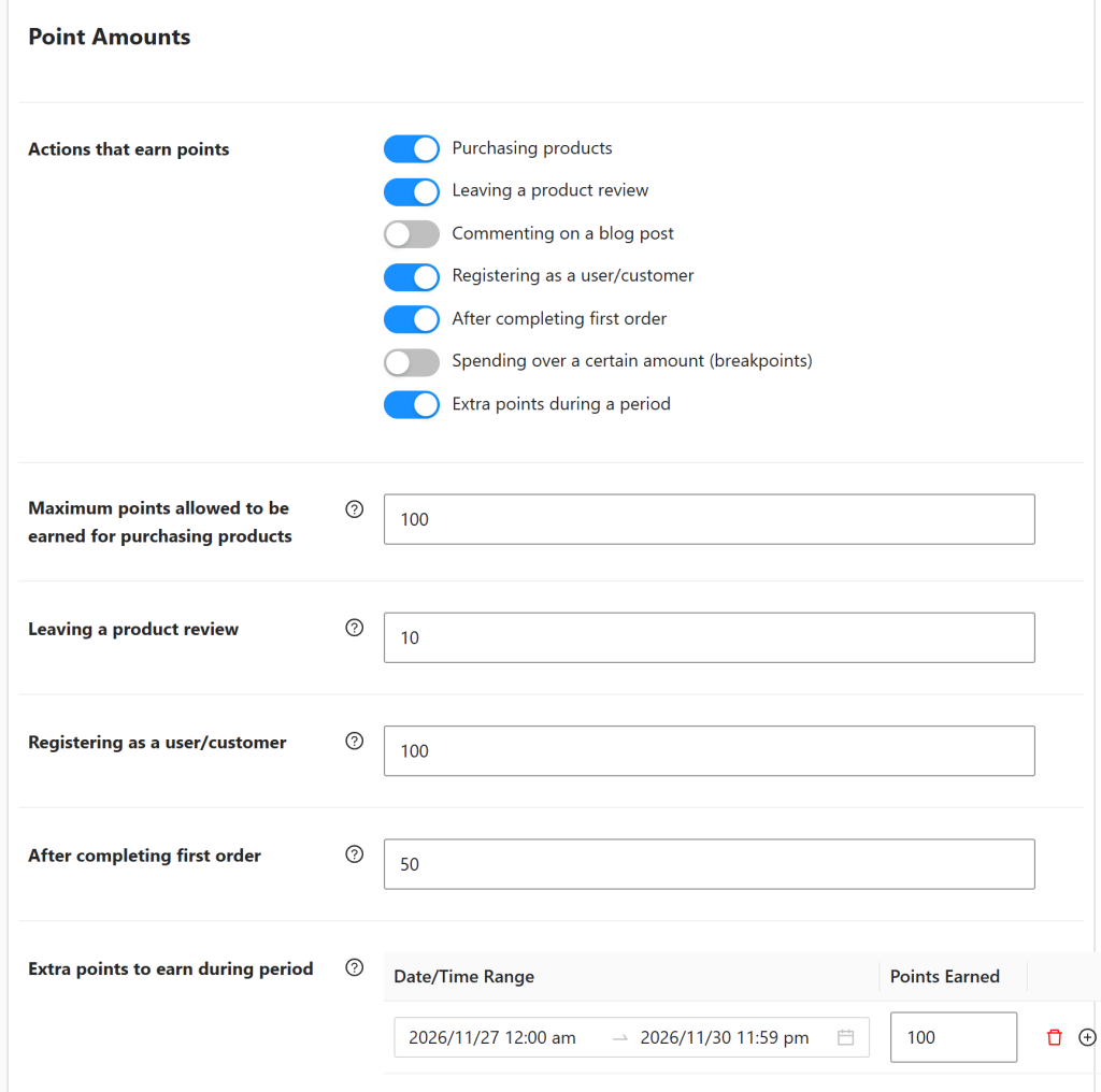 Point Amounts settings with actions that earn points toggled on, Registering as a user/customer set to 100 points, and extra points scheduled for Black Friday weekend