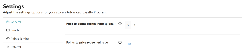 Advanced Loyalty Program Settings, General tab: Price to points earned ratio (global) set to 1 and Points to price redeemed ratio set to 100