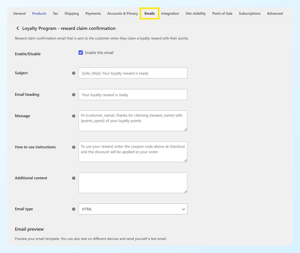 WooCommerce email settings for the Loyalty Program reward claim confirmation email