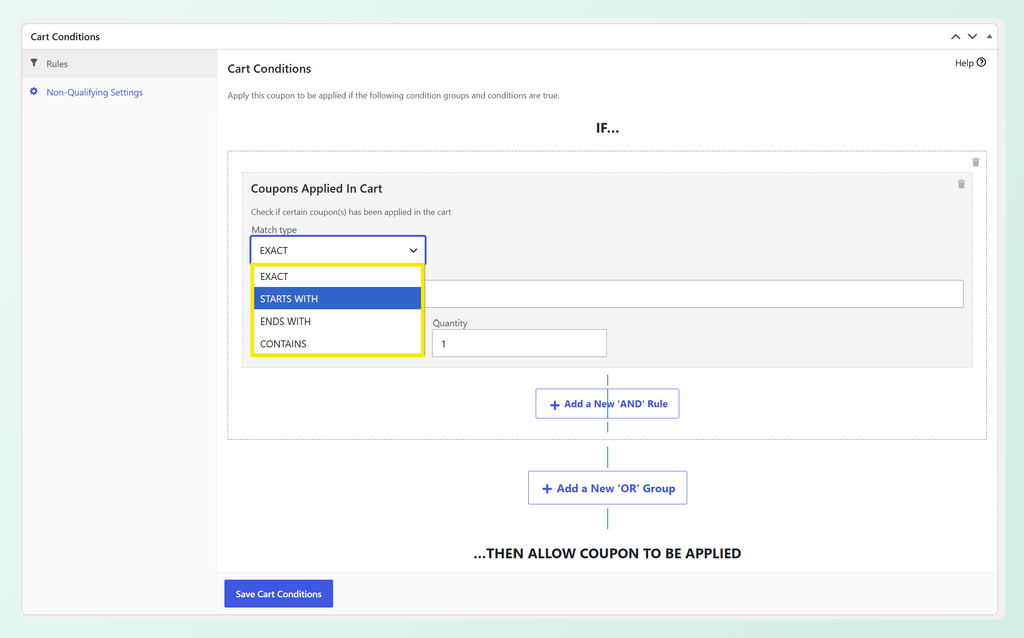 Coupons Applied In Cart Match type dropdown showing EXACT, STARTS WITH, ENDS WITH, and CONTAINS