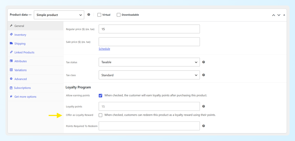Product edit screen showing the Offer as Loyalty Reward checkbox in the Loyalty Program section