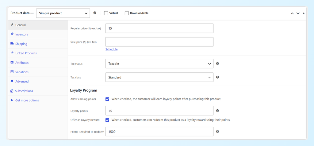 Product edit screen with Offer as Loyalty Reward enabled and 1,500 points required to redeem