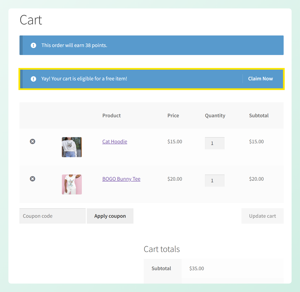 one-click-apply-notice - Advanced Coupons Warenkorb mit einer One Click Apply-Mitteilung mit einem Claim Now-Button