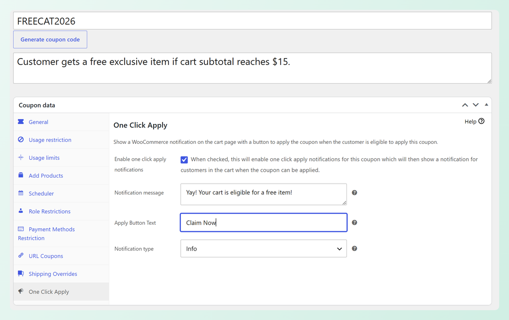 one-click-apply-setting - Advanced Coupons One Click Apply-Einstellungen mit einem Claim Now-Button