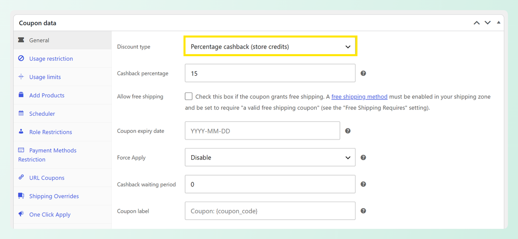 Advanced Coupons coupon settings with Percentage cashback selected at 15%