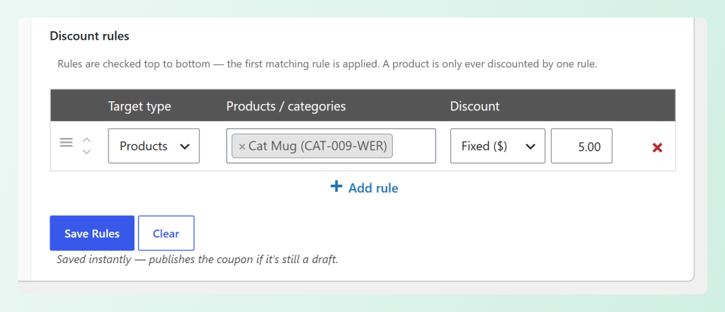 A single discount rule giving the Cat Mug a fixed .00 discount