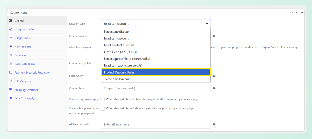Discount type dropdown in the WooCommerce coupon editor with Product Discount Rules highlighted