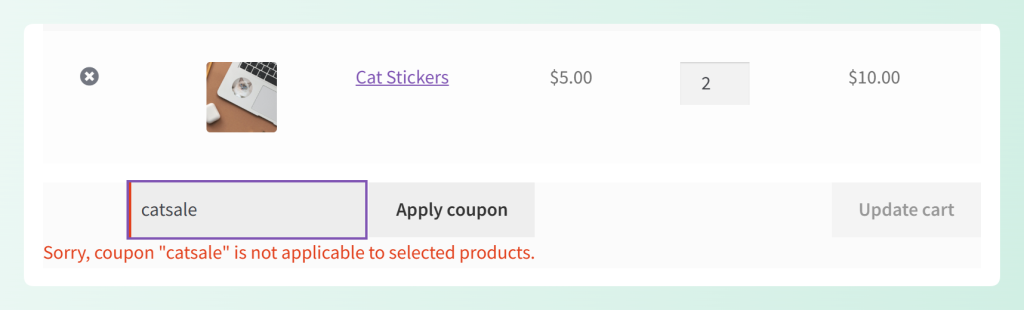 Cart notice saying the coupon is not applicable to the selected products