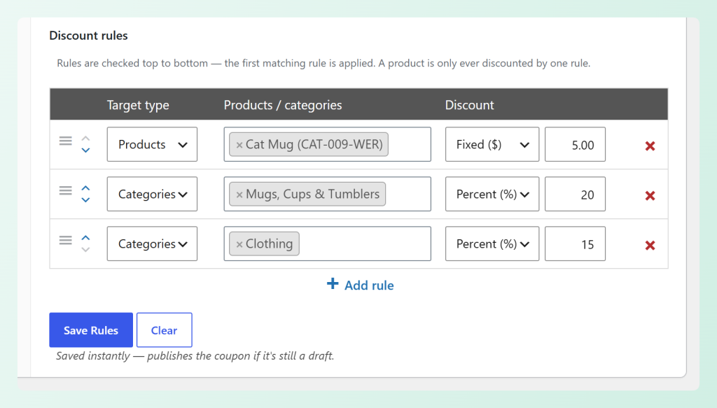 Three discount rules for the Cat Mug, the Mugs, Cups and Tumblers category, and the Clothing category