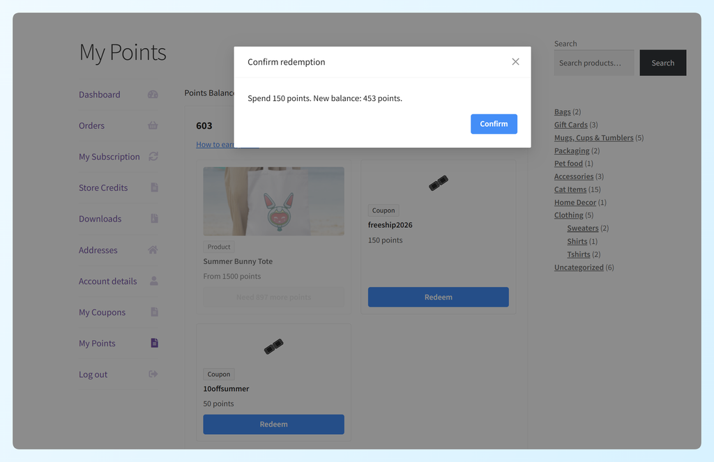 Confirm redemption dialog showing a 150-point cost and a new balance of 453 points