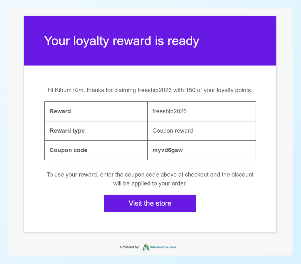 Loyalty reward confirmation email showing the reward name, reward type, and generated coupon code