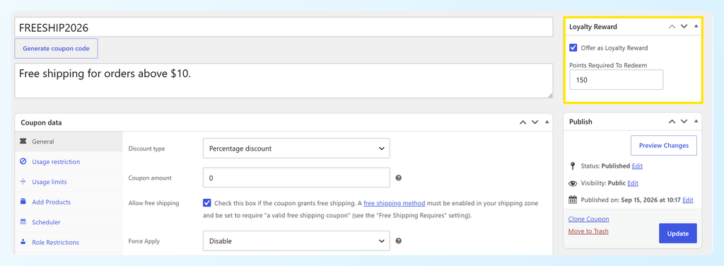 Coupon edit screen with Offer as Loyalty Reward enabled and 150 points required to redeem