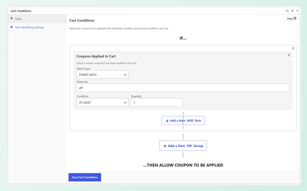 Cart Condition using STARTS WITH aff-, AT LEAST 1, and the Save Cart Conditions button