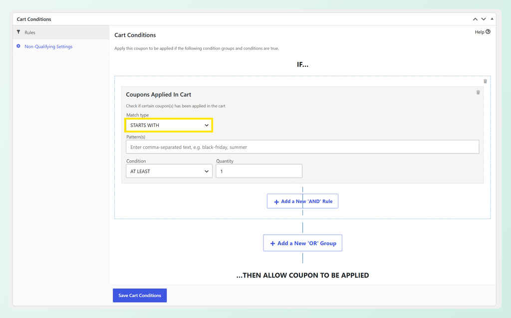 STARTS WITH selected in Coupons Applied In Cart with the Pattern(s) field visible