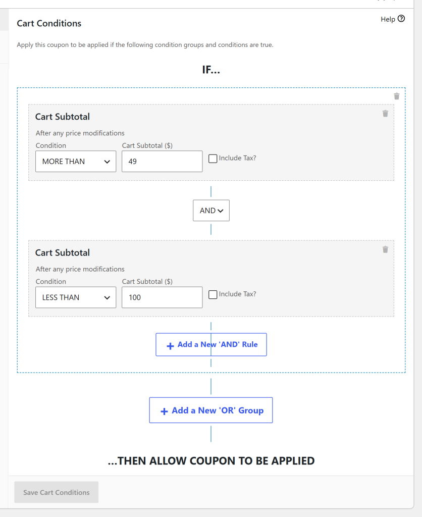 Tier 1 cart conditions: Cart Subtotal more than 49 AND Cart Subtotal less than 100