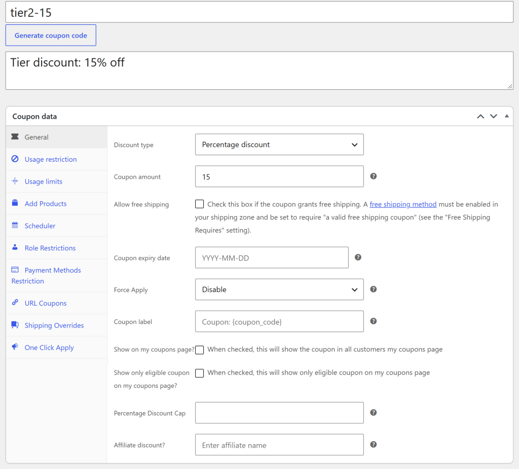 Tier 2 coupon tier2-15 set to a Percentage discount with a coupon amount of 15
