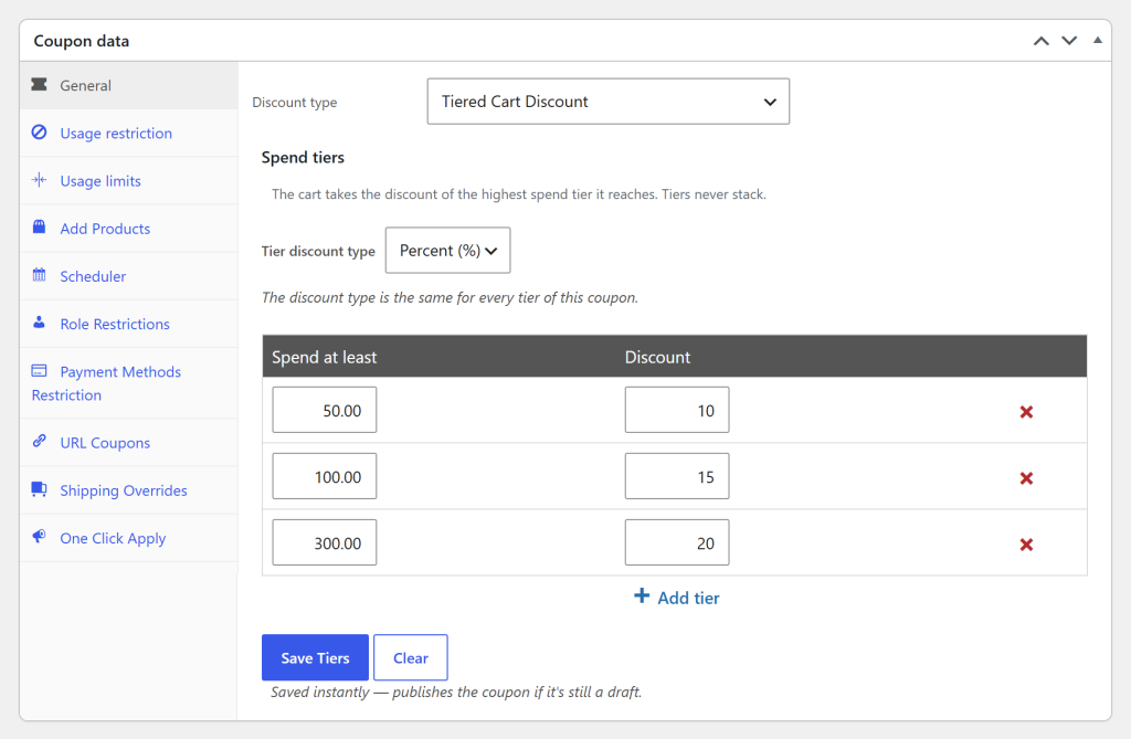 Tiered Cart Discount coupon with Percent tiers: 10% off at 50, 15% off at 100, and 20% off at 300