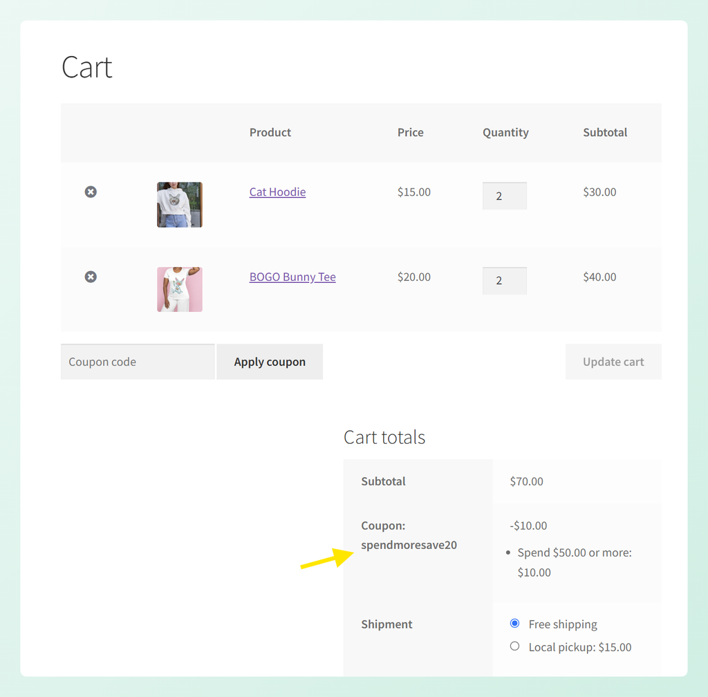 Cart totals showing a  tiered discount on a  subtotal